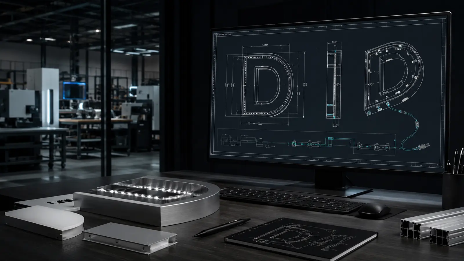 Technical illustration of a custom sign production drawing and material review