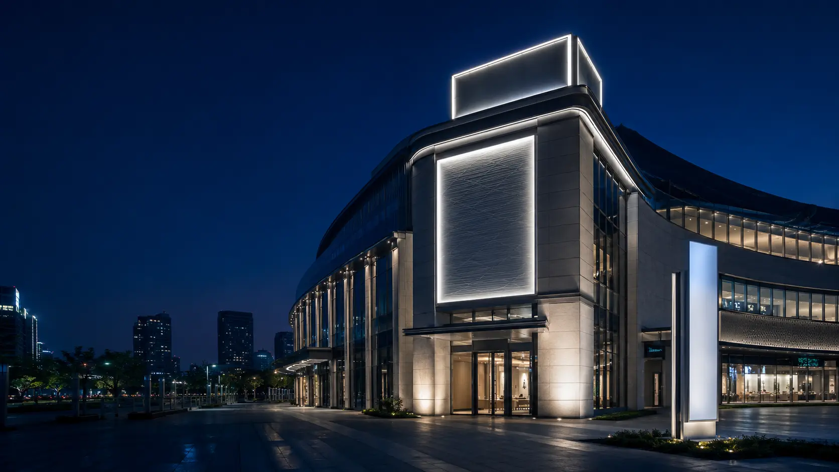 Commercial building channel letters illuminated at night