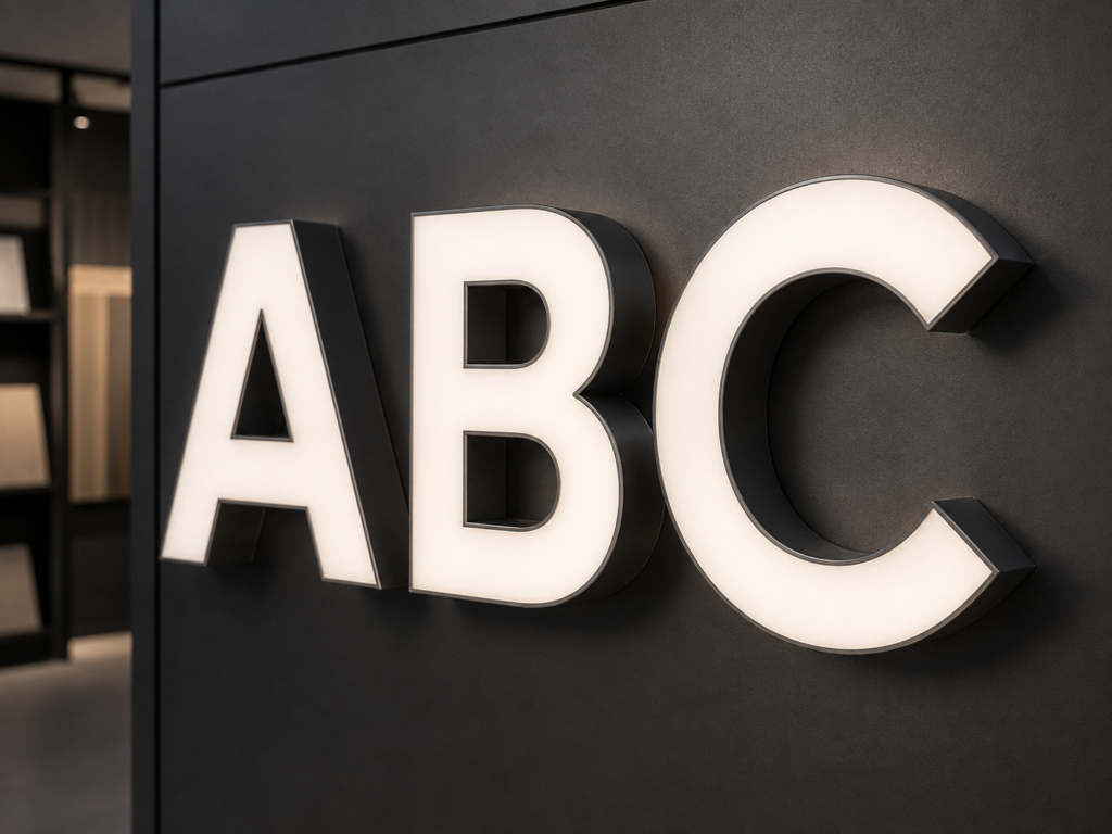 Fabricated channel letter signs with illuminated faces for retail storefront installation