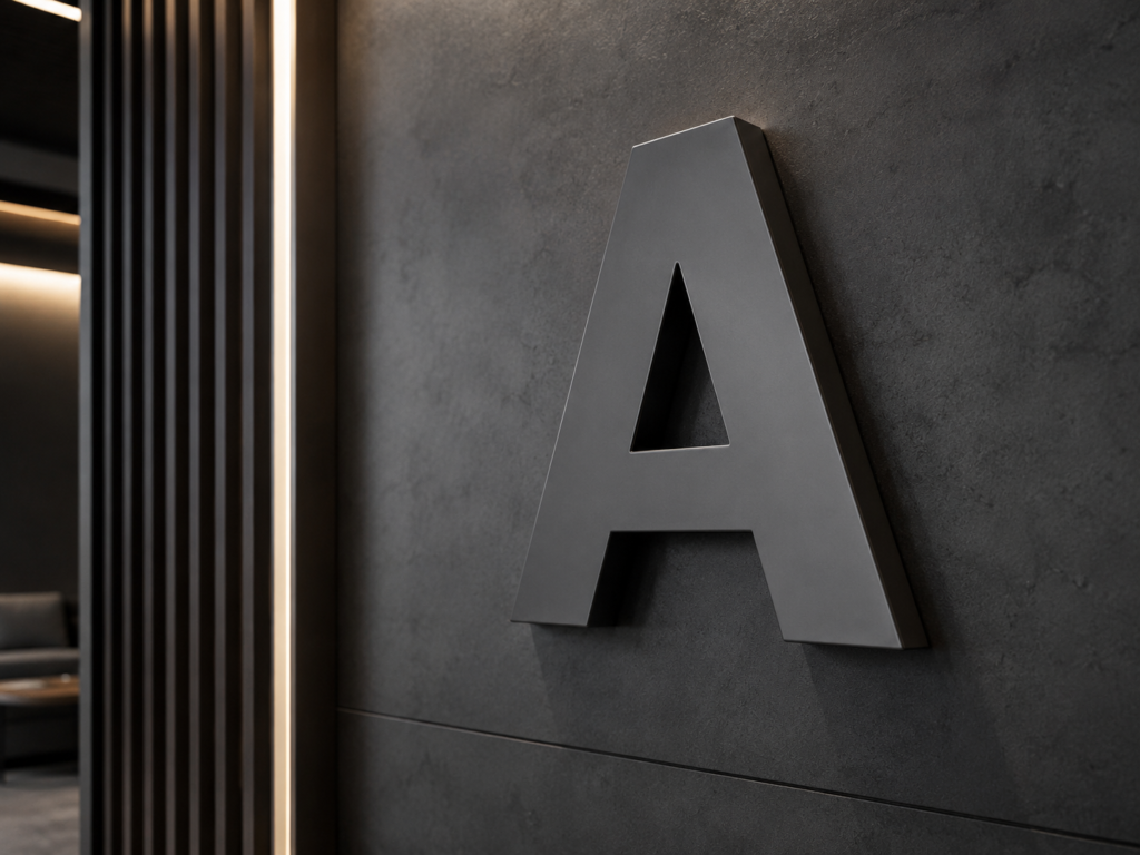 Non-illuminated dimensional letter signage for office, retail and architectural branding