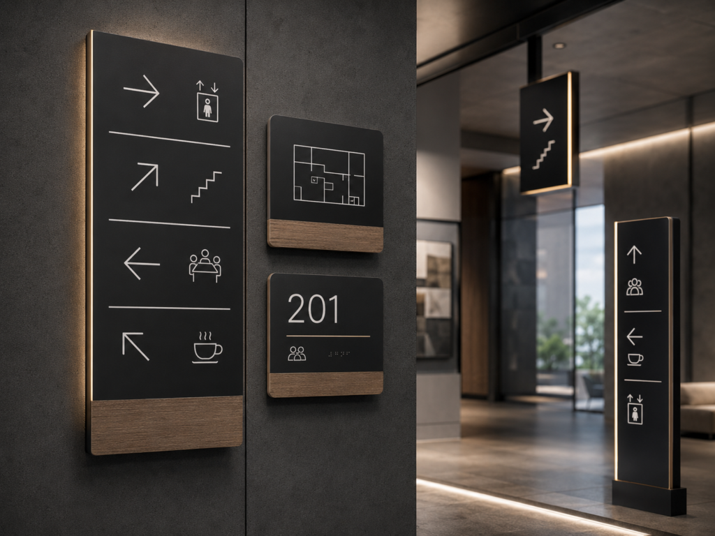 Wayfinding and identification signs for offices, campuses and commercial buildings