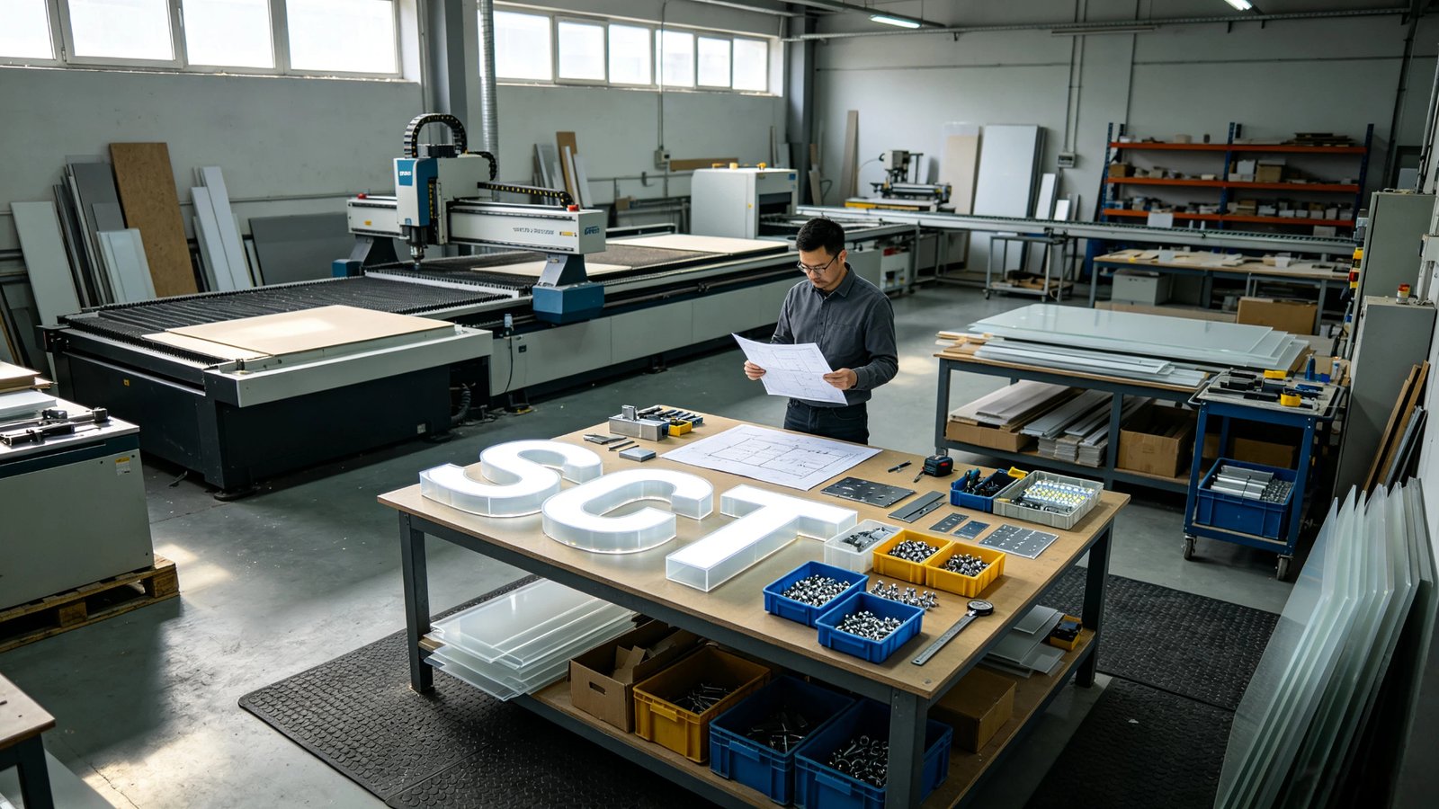 Illustrative view of a custom LED sign manufacturing workflow