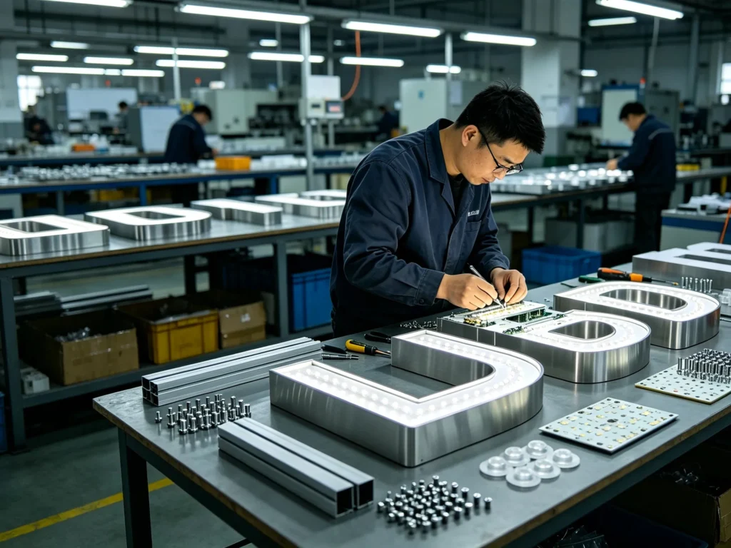 Custom LED sign fabrication and assembly under a controlled manufacturing workflow