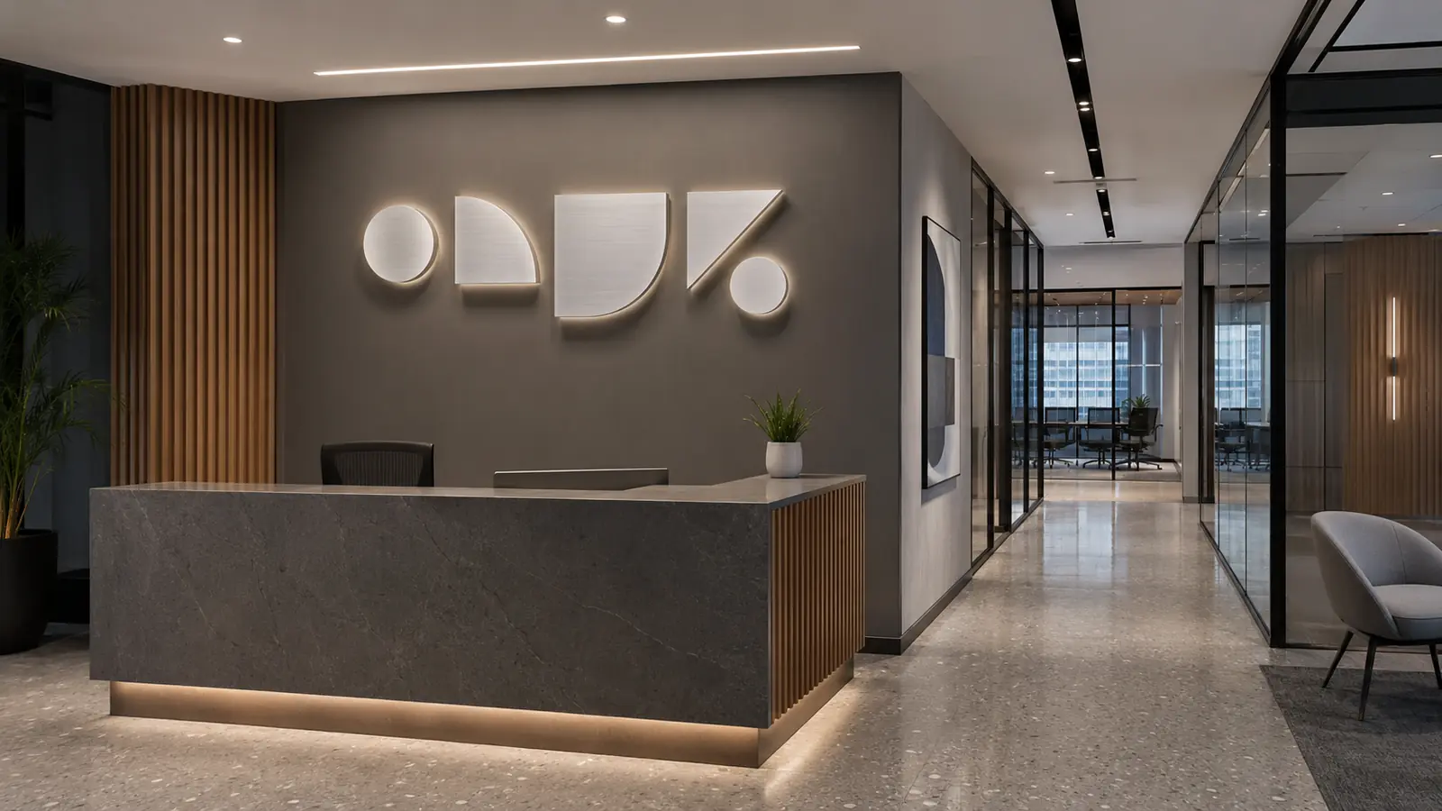 Dimensional corporate logo sign for a reception wall