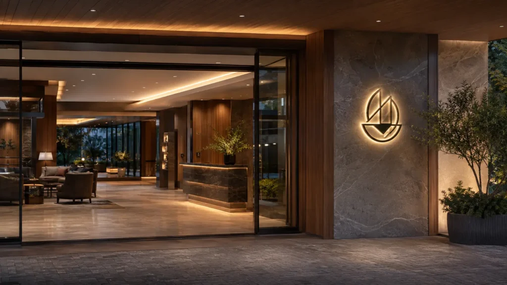 Custom illuminated hospitality signage for hotel entrances and restaurant interiors