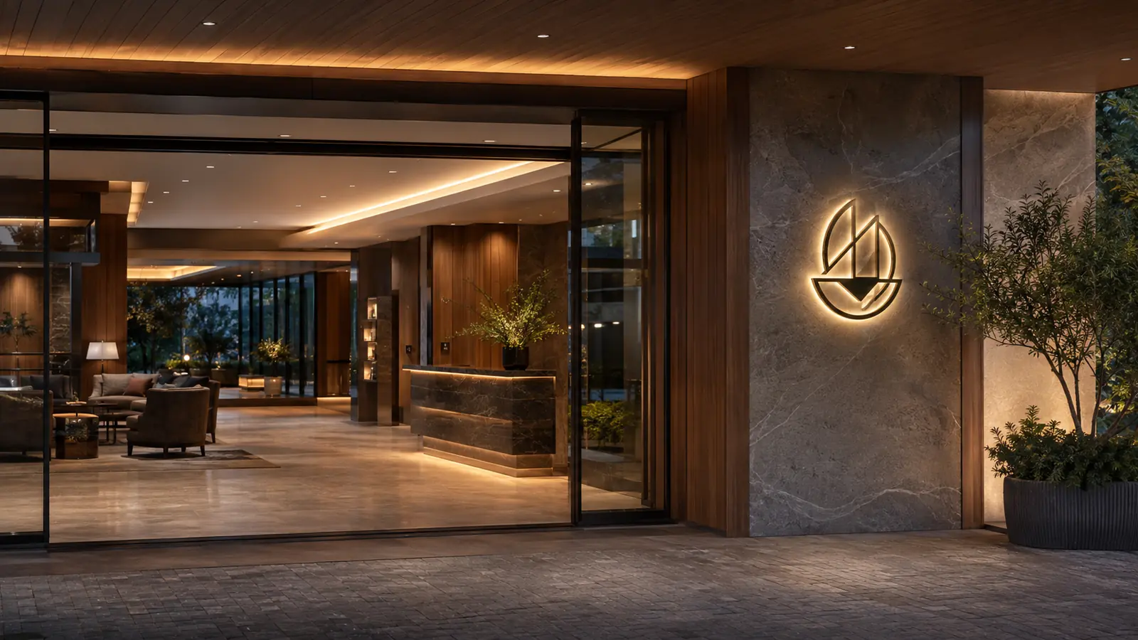 Halo-lit hospitality logo sign on an interior wall