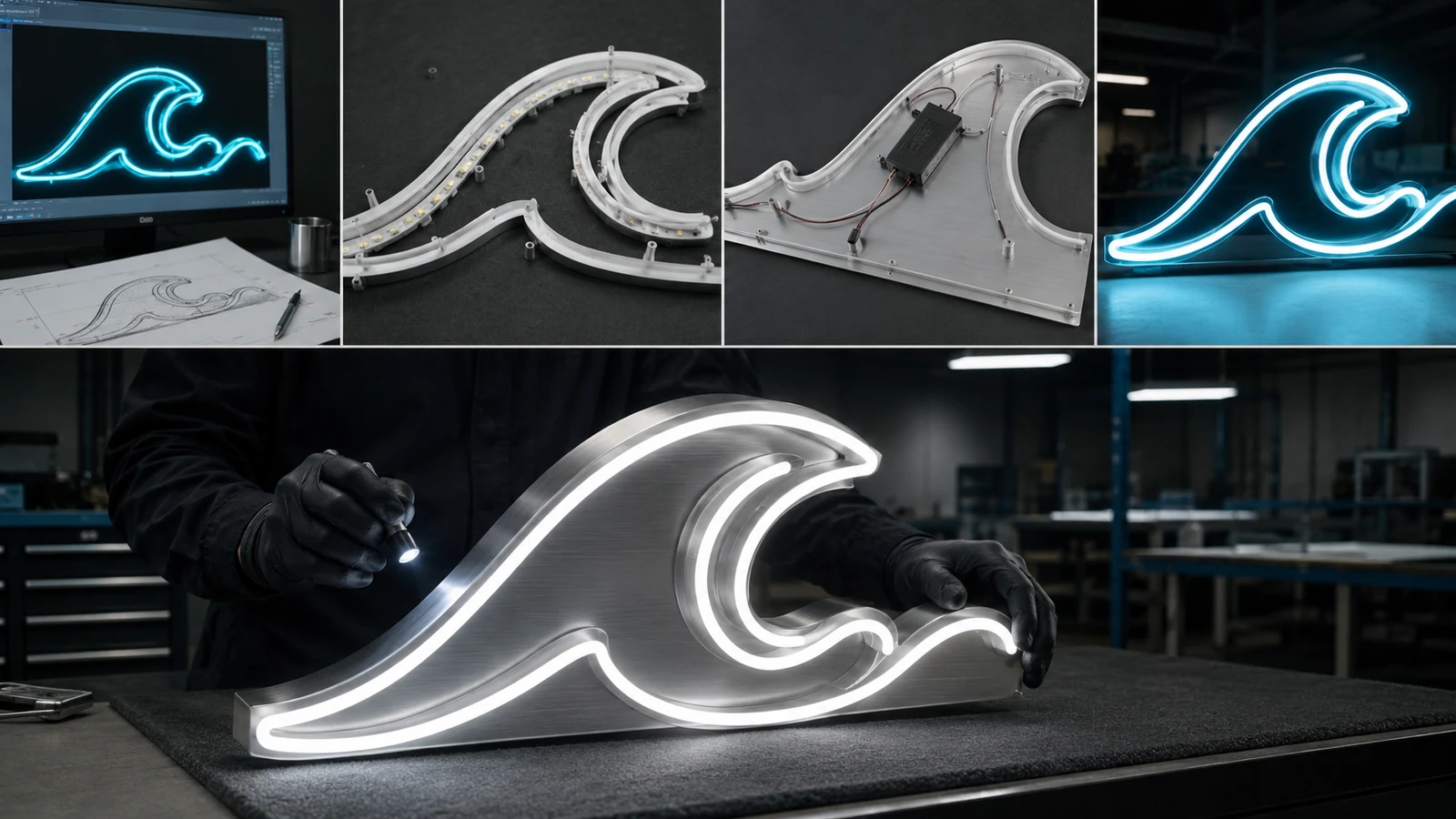 LED neon sign fabrication workflow showing approved graphic, shaped profile, backing assembly and inspection