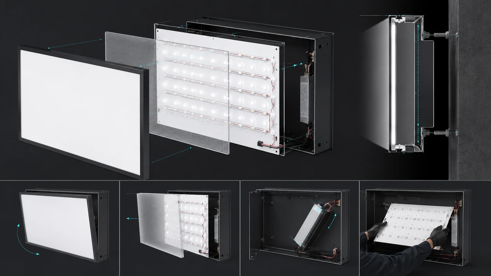 Technical diagram showing cabinet access opening, removable face, LED layout, driver position and maintenance clearance