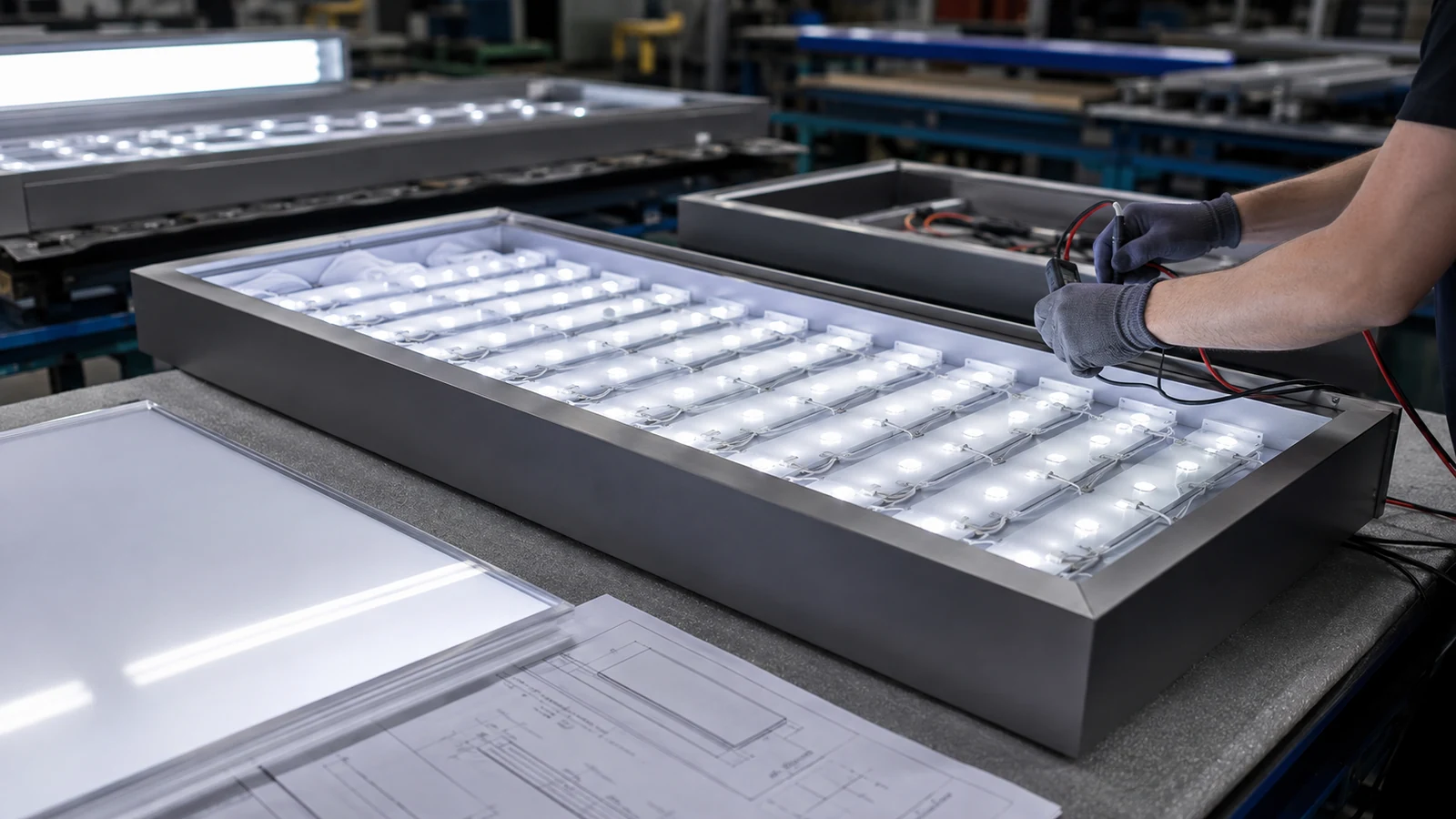 Commercial LED light box production with fabricated cabinet frame, prepared face panel and lighting inspection