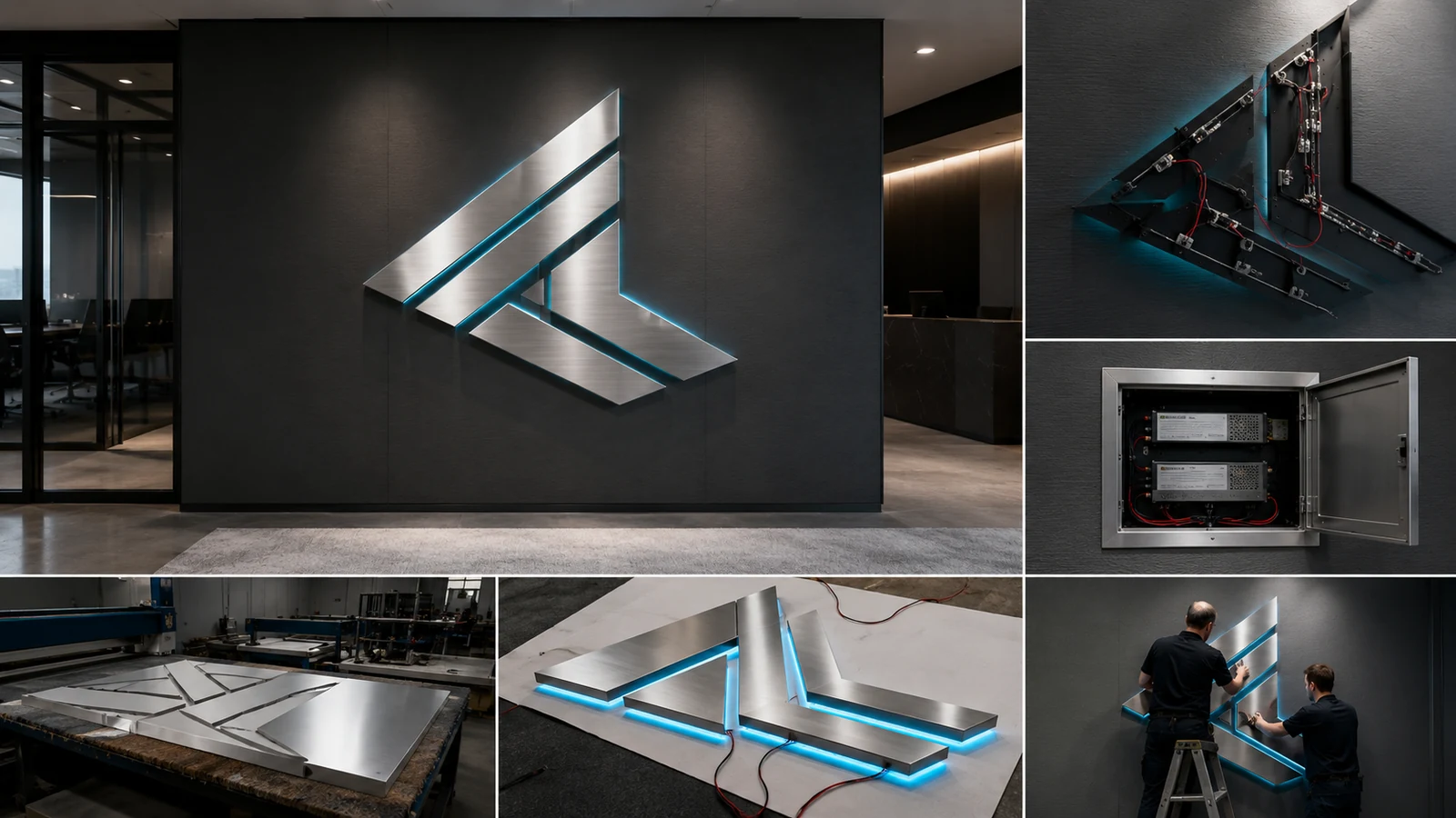 Finished corporate feature wall with concealed logo sign wiring and accessible remote driver enclosure