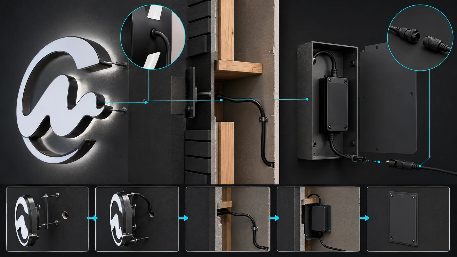 Technical diagram showing logo rear cable exit, wall cavity, concealed route, accessible driver and installer connection point
