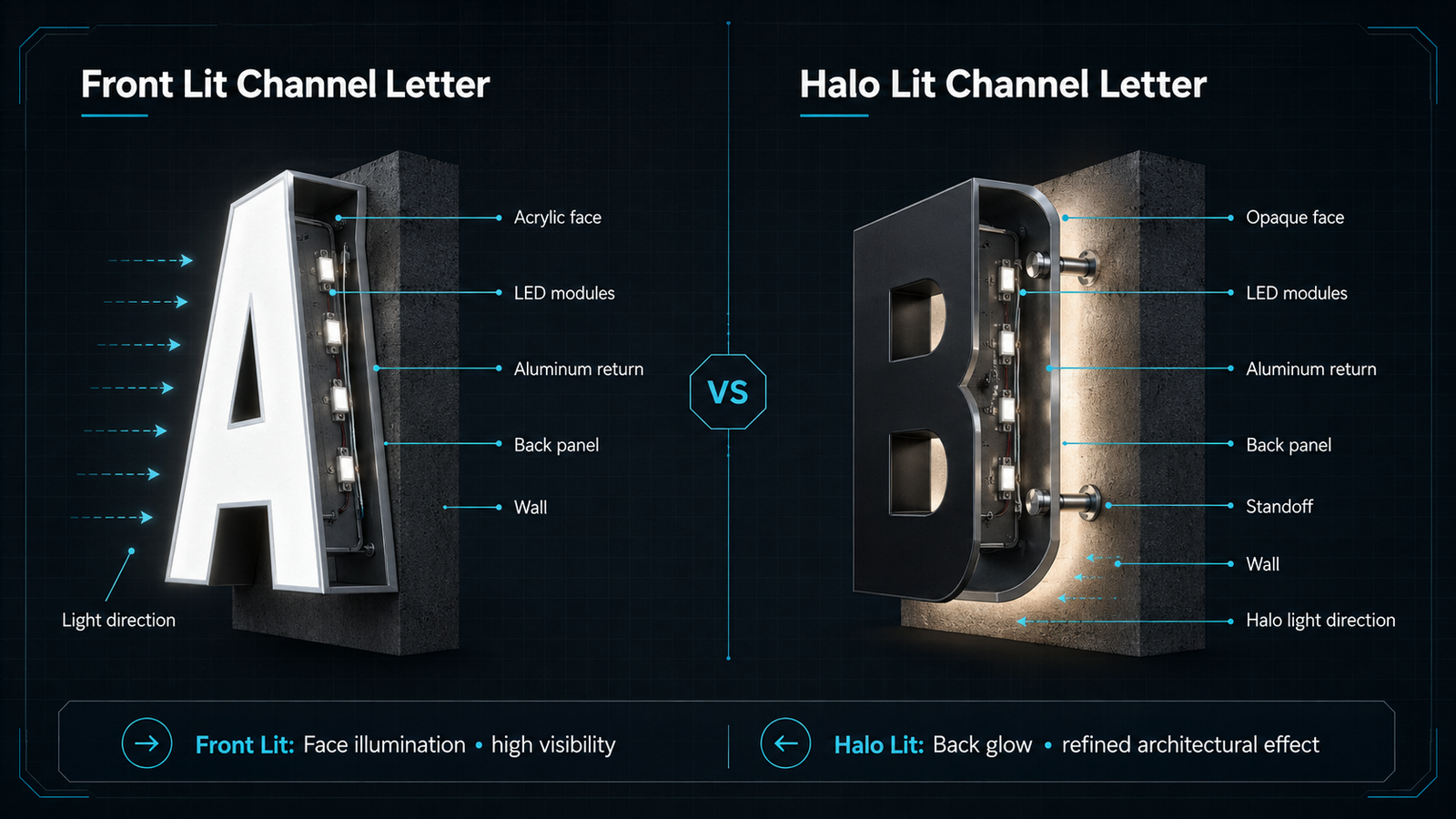 Cross-section comparison of front-lit and halo-lit channel letters showing acrylic faces, LED modules, returns and wall standoffs