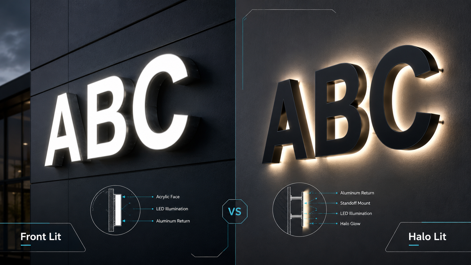 Side-by-side comparison of face-illuminated channel letters and rear-lit halo letters mounted on a storefront wall
