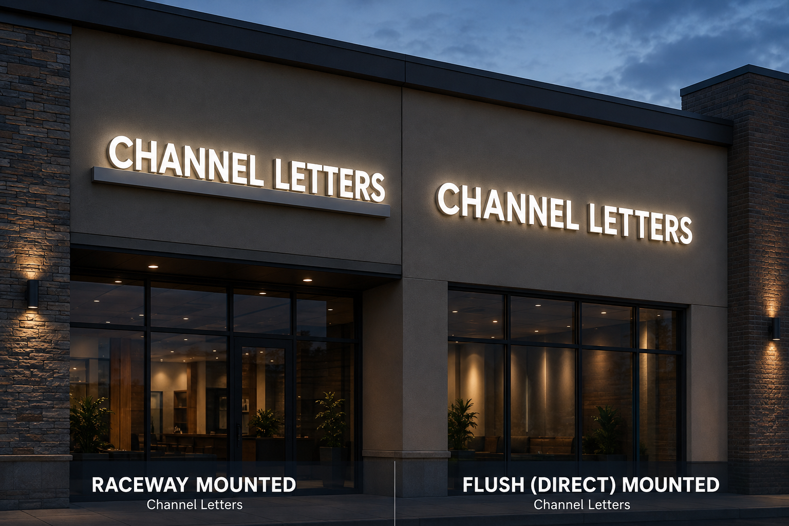 Side-by-side storefront comparison of channel letters on a shared raceway and channel letters mounted directly to the wall