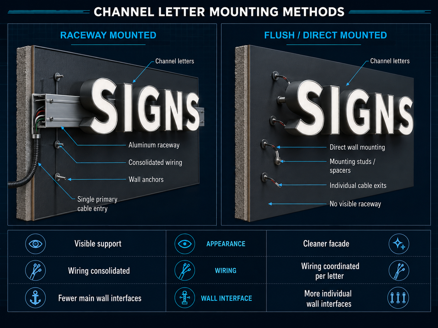 Technical comparison of raceway-mounted and directly mounted channel letters, showing wall anchors, wiring routes and fixing points