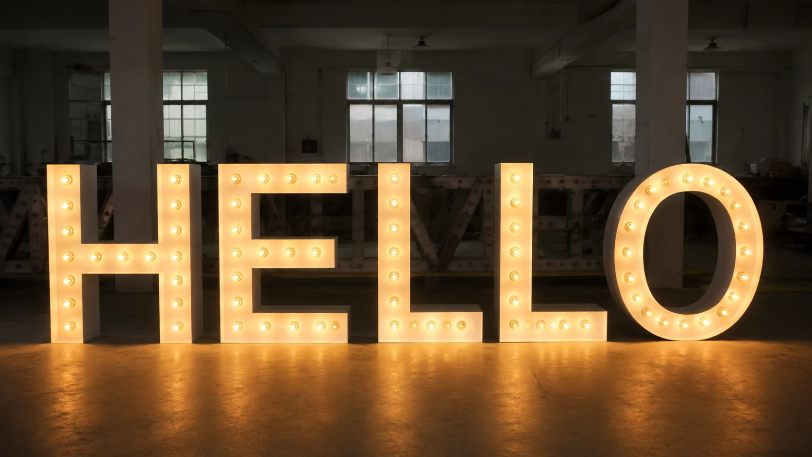 Illuminated HELLO marquee letters manufactured by PridLED