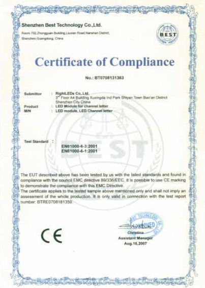 CE certificate of compliance
