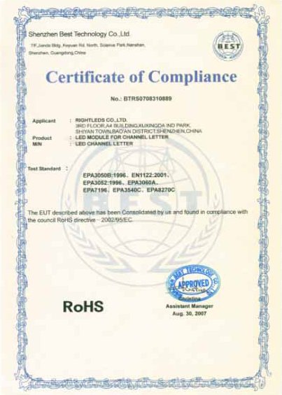 RoHS certificate of compliance